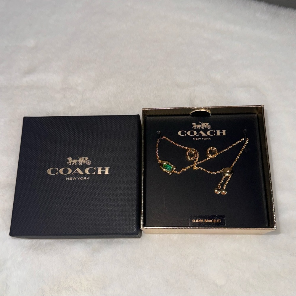 NIB Coach Faux Gold Earrings Slider Bracelet Gift Box Set Jewelry Accessories
